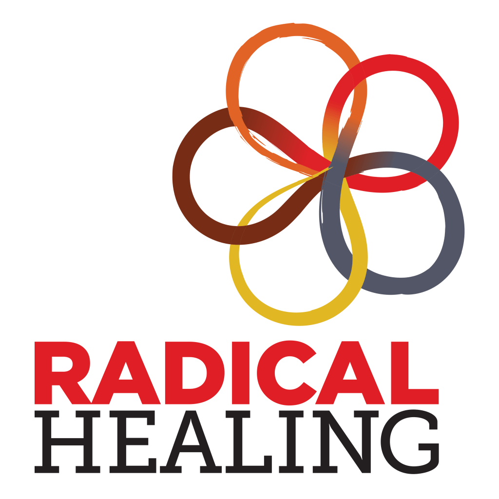 multi-colored (yellow, orange, red, gray) floral design over the words "radical healing"